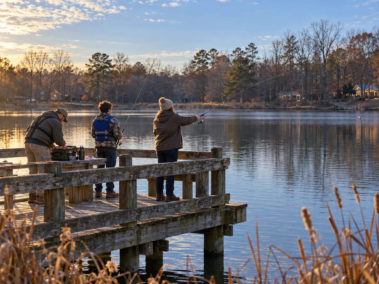Illustrated winter holiday outing with relatives fishing from a small public pier