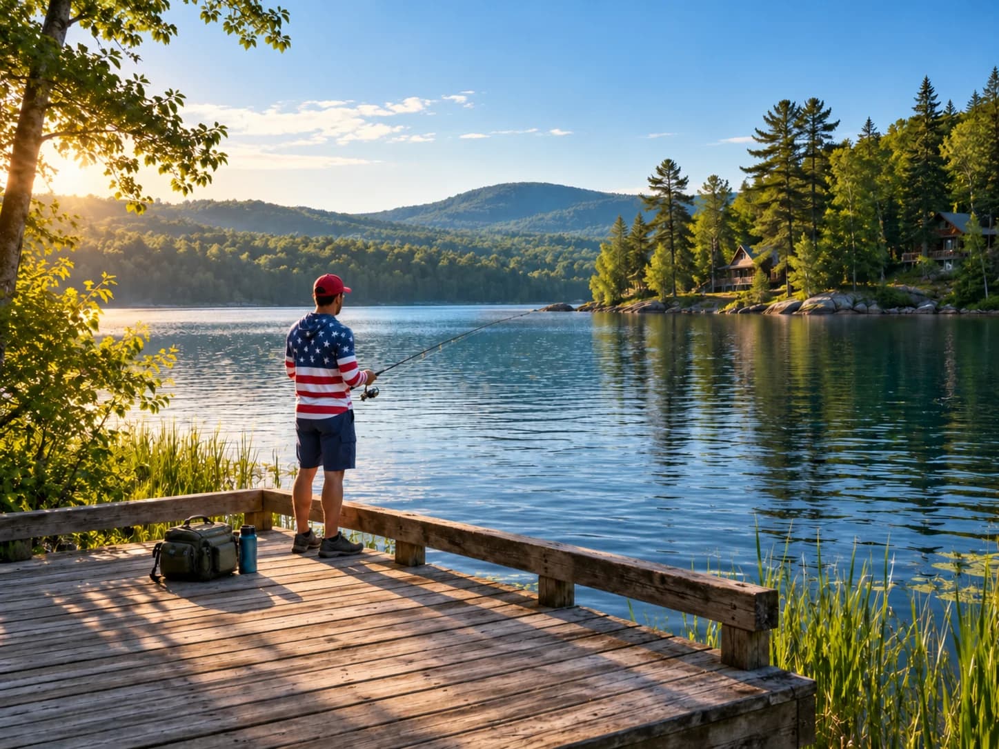 Illustrated summer morning with an adult in a stars-and-stripes fishing shirt on a lakeside platform