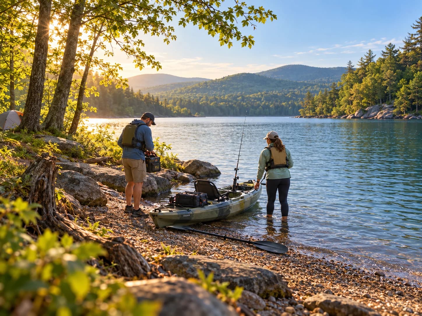 Illustrated late-spring camping trip with two adults preparing a fishing kayak at a lakeshore