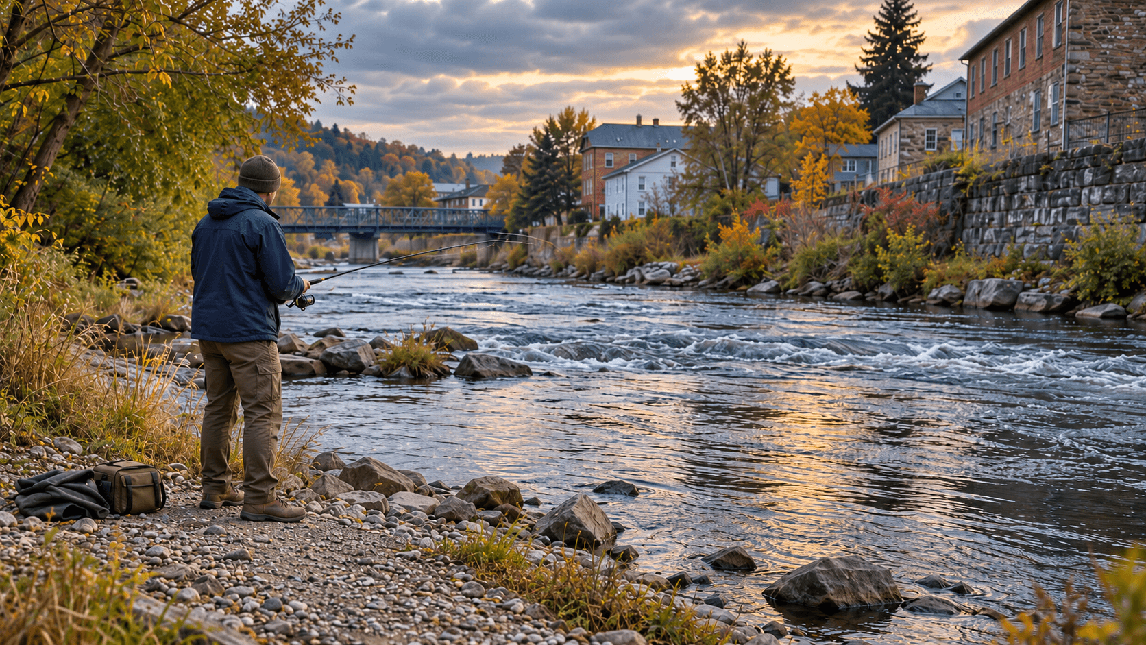 Illustrated autumn scene of an angler fishing beside a river in a small town