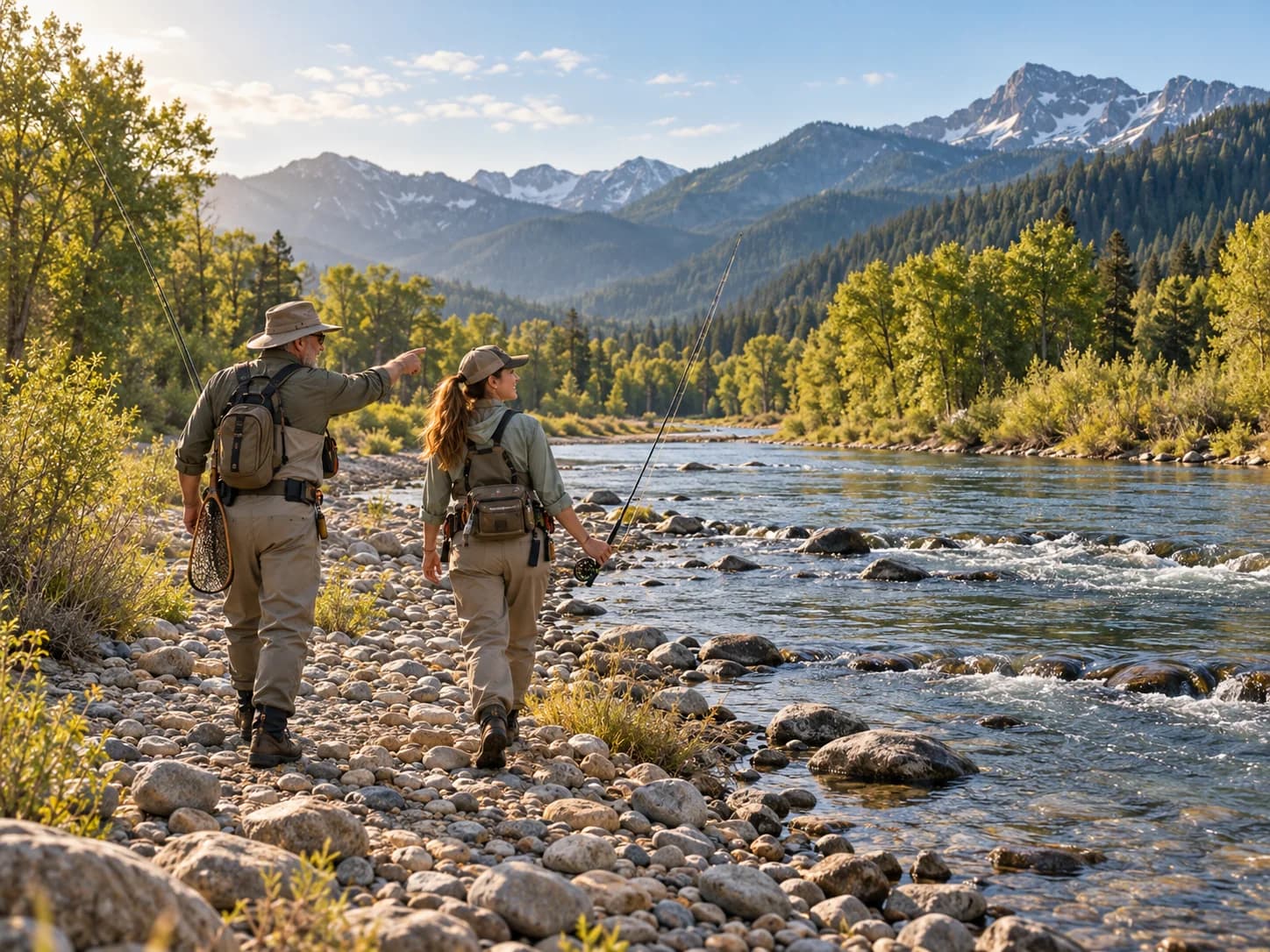 Illustrated father and adult daughter setting out together beside an early-summer mountain trout river